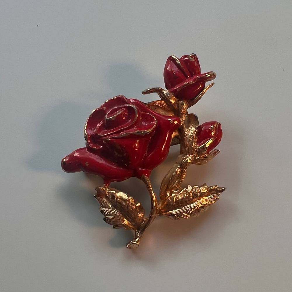 Vintage Red Rose Enamel Brooch with Gold Accents